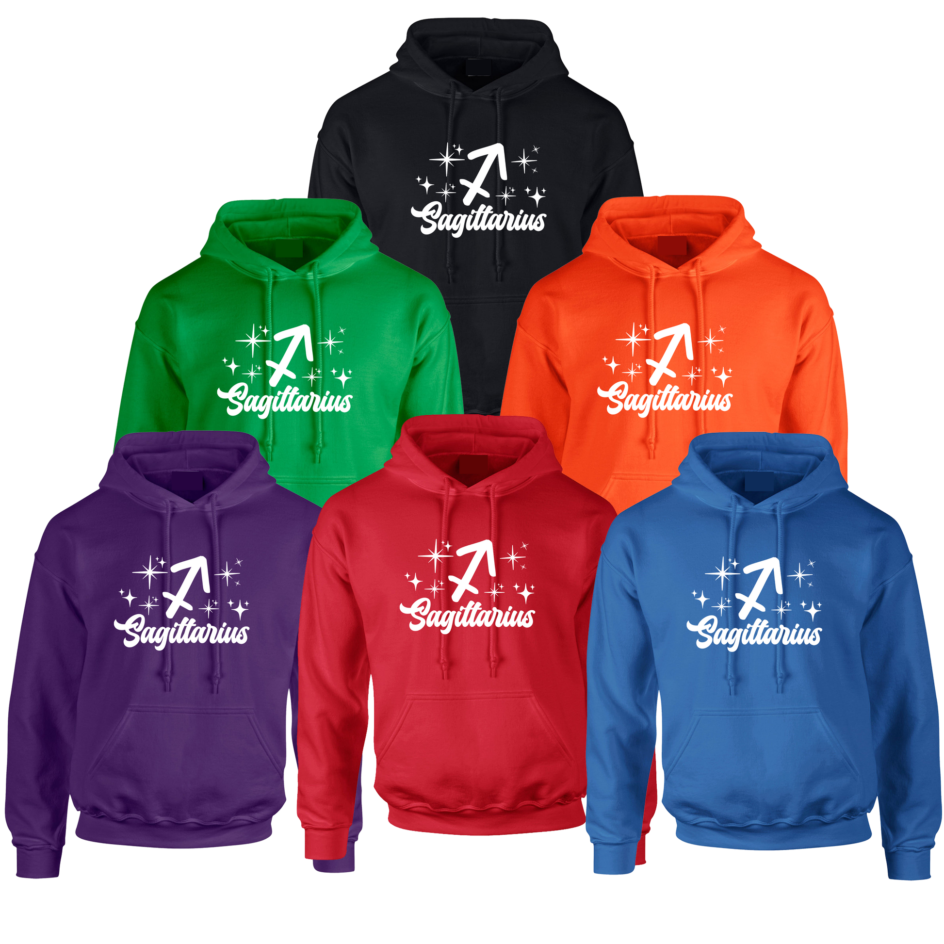 Collection of six hoodies in different colors with 'Sagittarius' white text design 