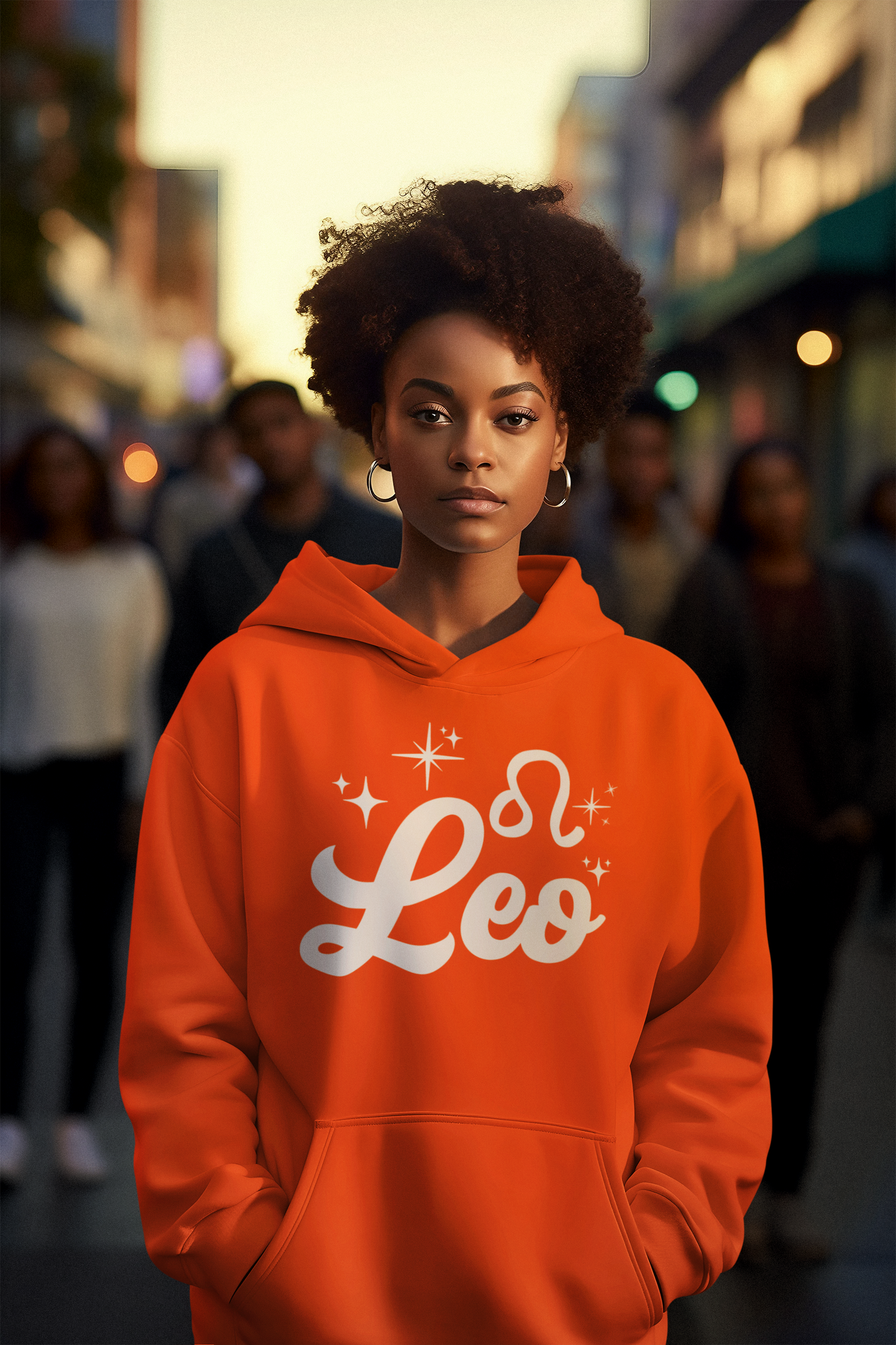 Person wearing a orange hoodie with 'Leo' white text design, standing in a city street.