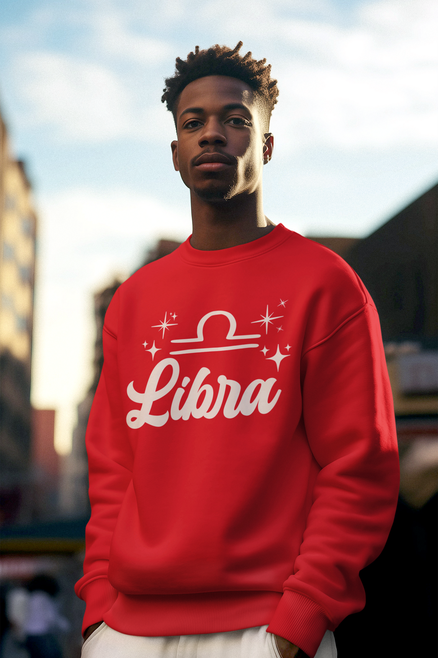 Person wearing a red sweatshirt with 'Libra' white text design outdoors