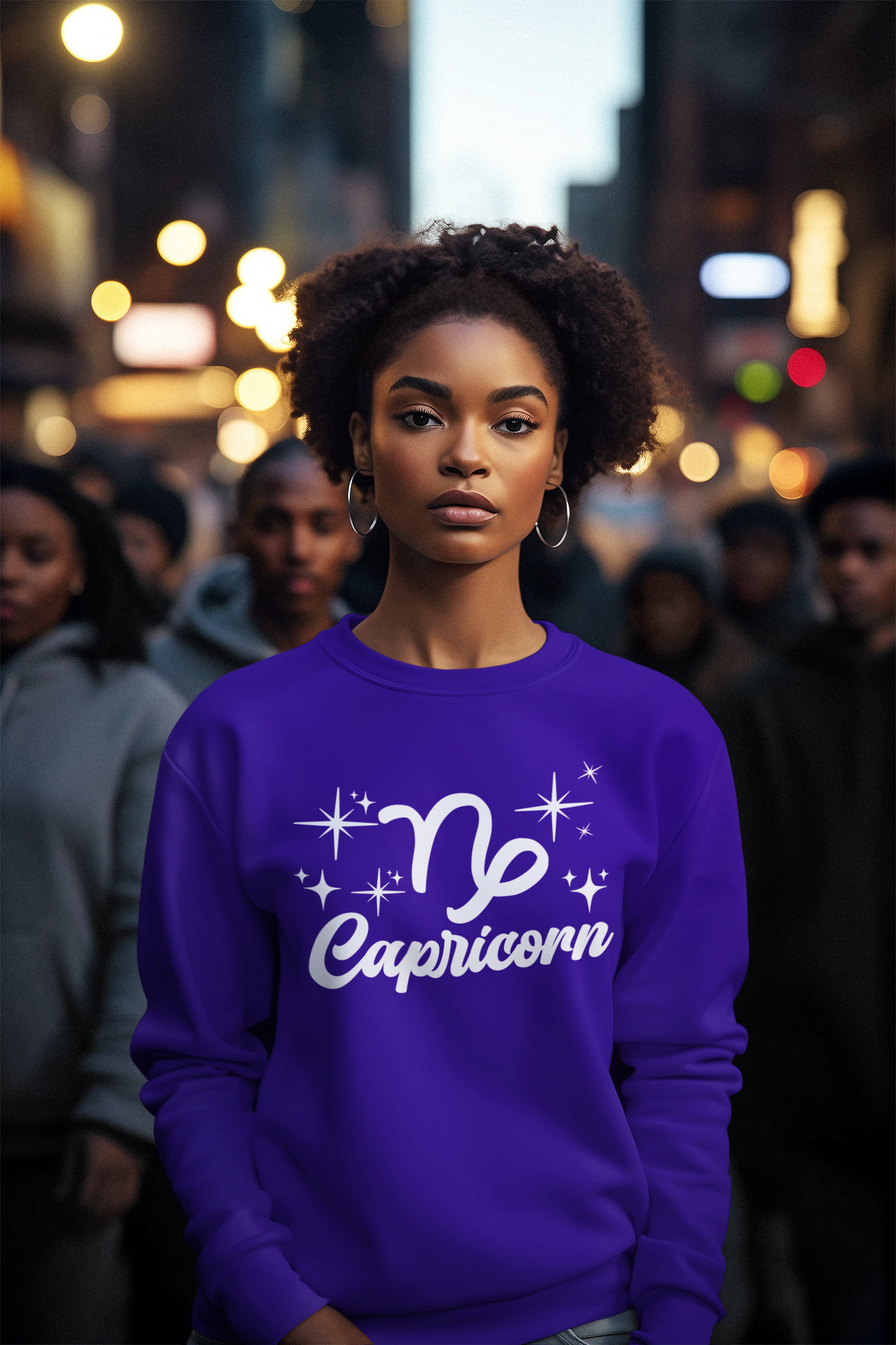 Person wearing a purple 'Capricorn' white text design sweatshirt in a city street setting