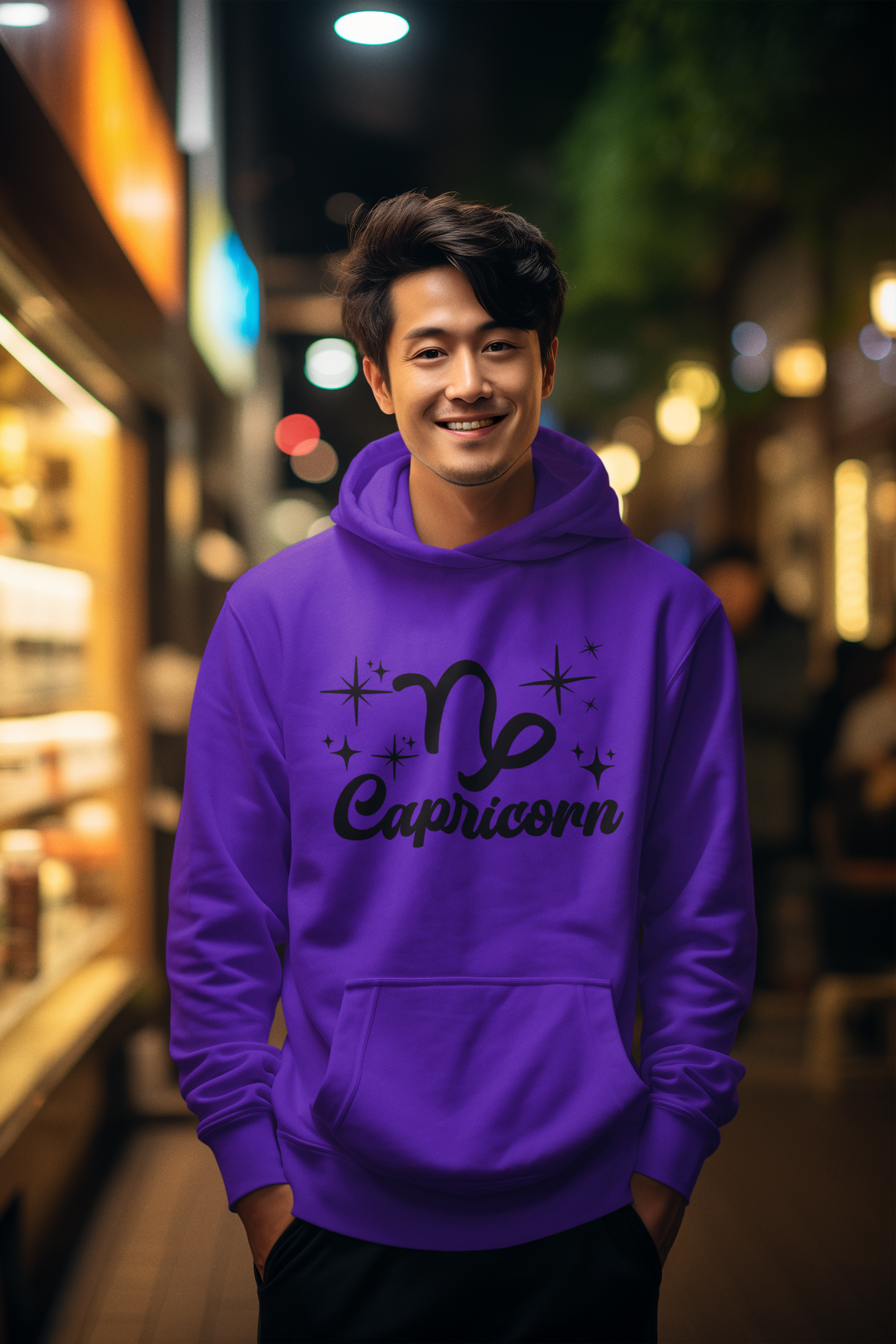 Person wearing a purple hoodie with 'Capricorn' black text design in an urban night setting