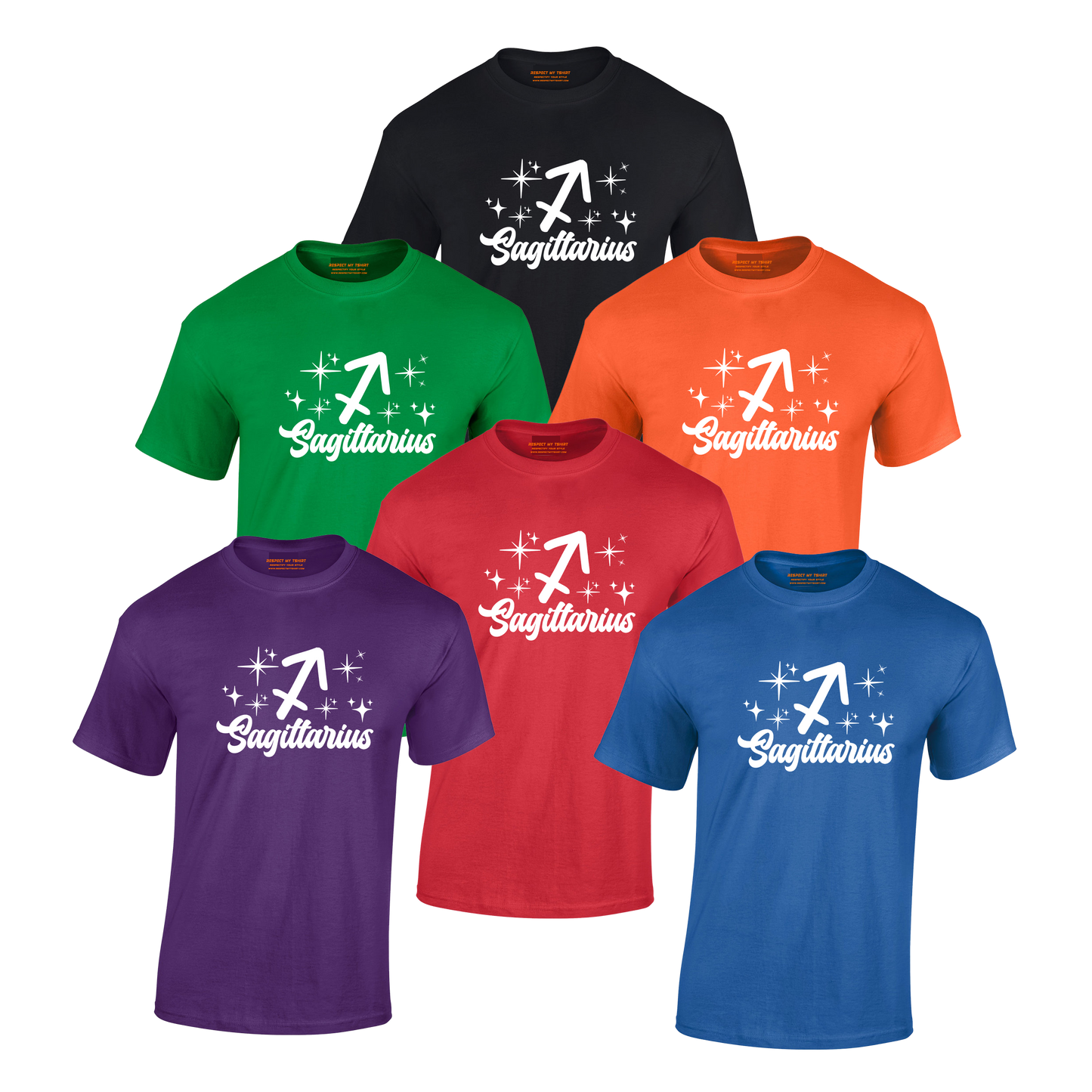 Set of six T-shirts in different colors with 'Sagittarius' white text design 