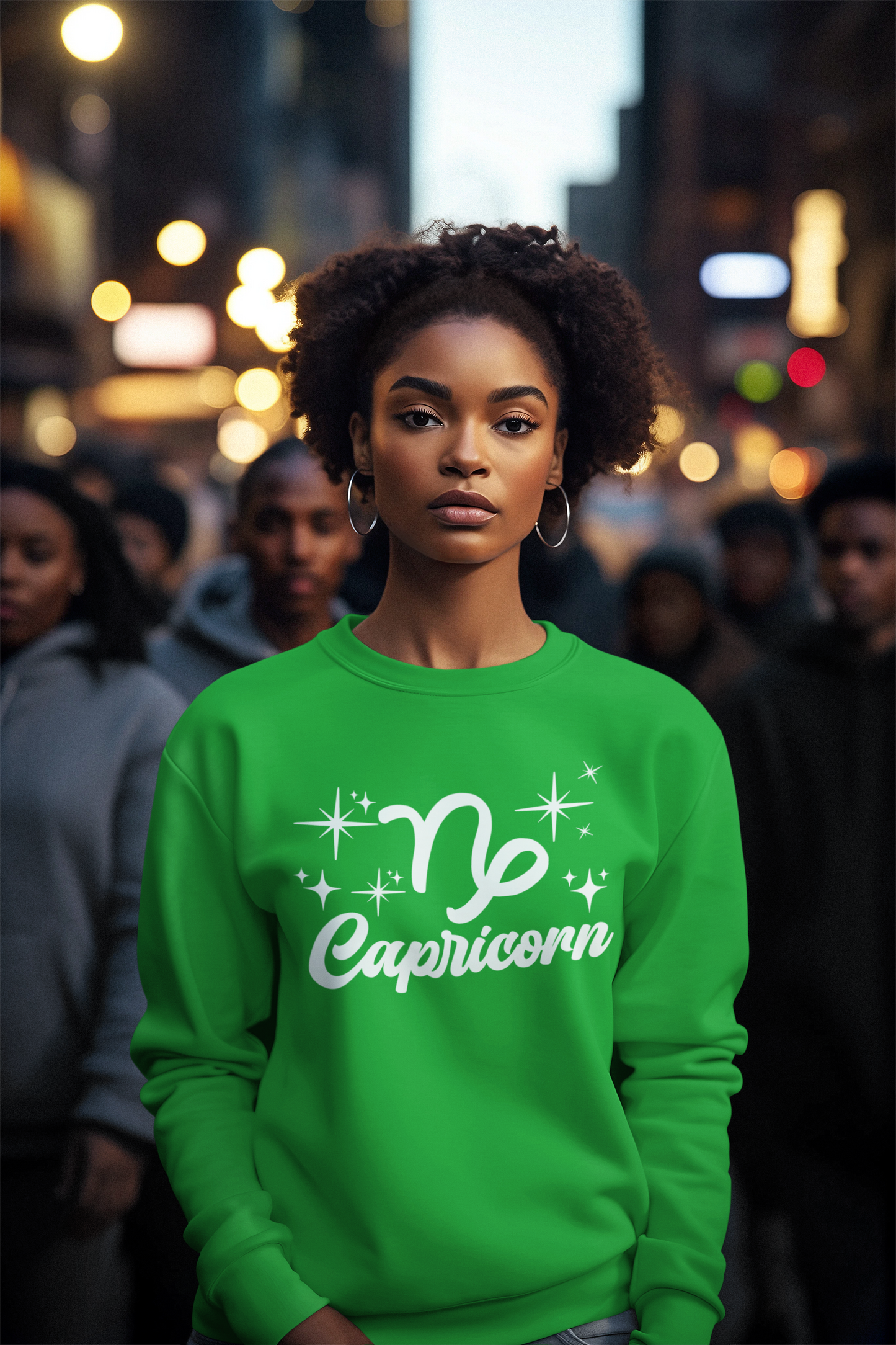 Person wearing a green 'Capricorn' white text design sweatshirt in a city street setting
