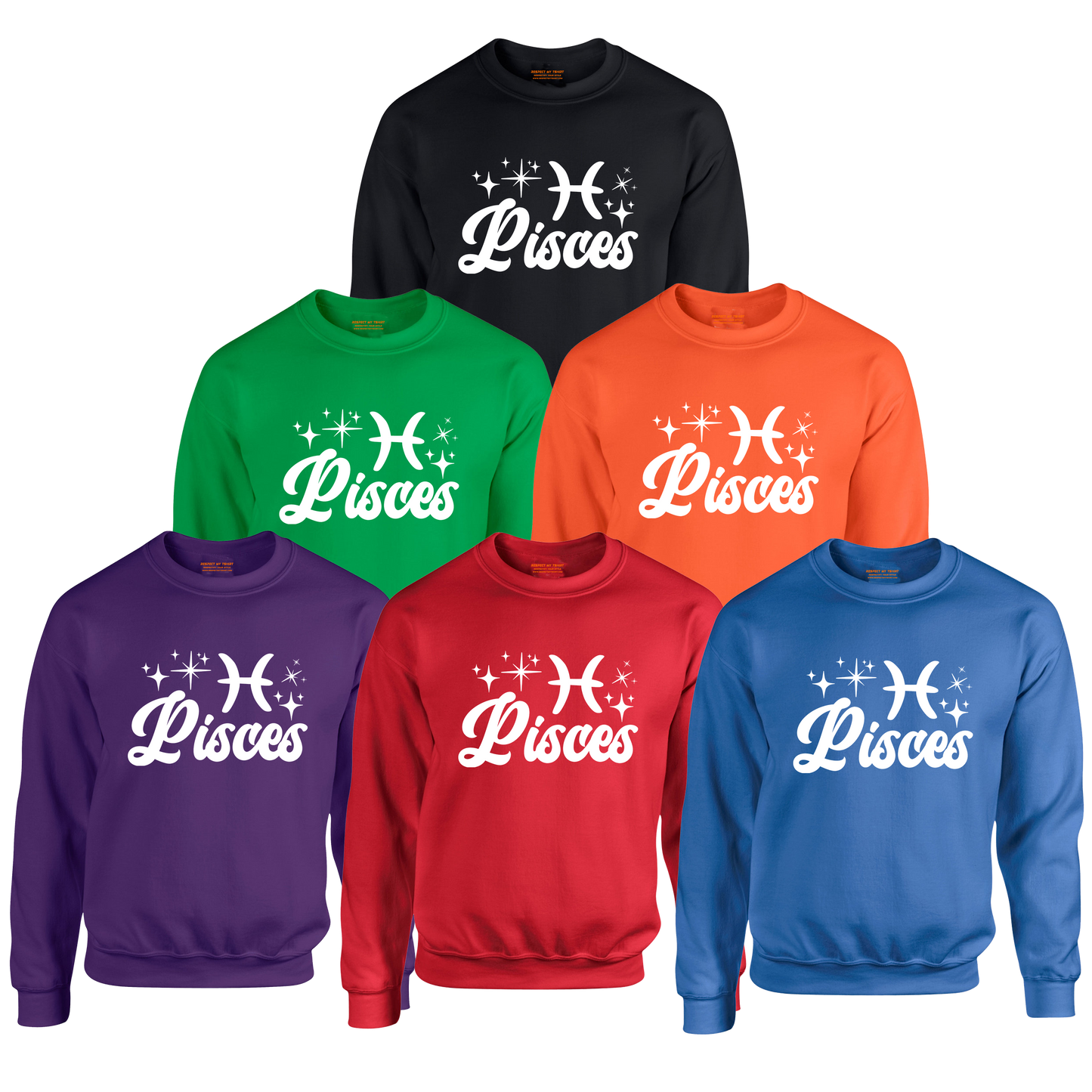 Set of six sweatshirts in different colors with 'Pisces' white text design.