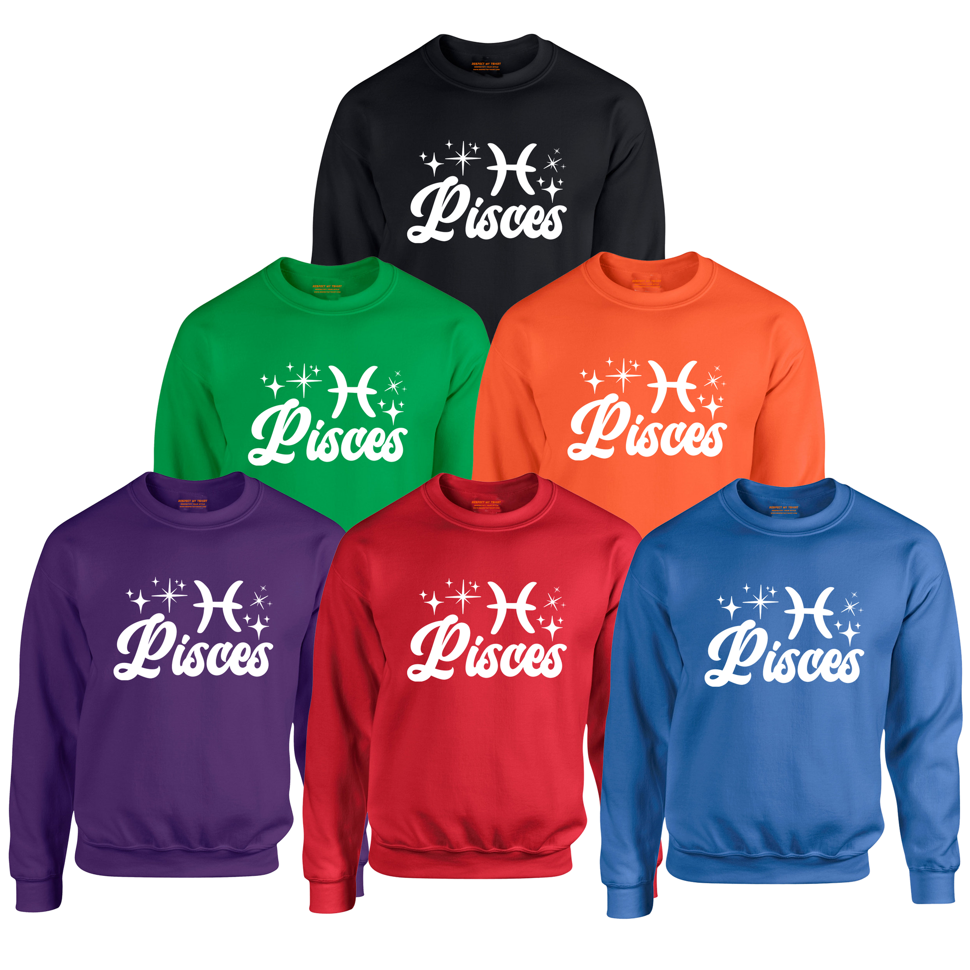 Set of six sweatshirts in different colors with 'Pisces' white text design.