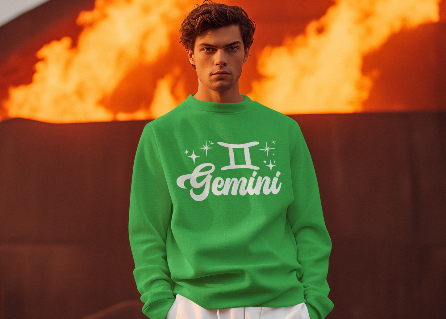 Person wearing a green 'Gemini' white text sweatshirt in front of a fiery background